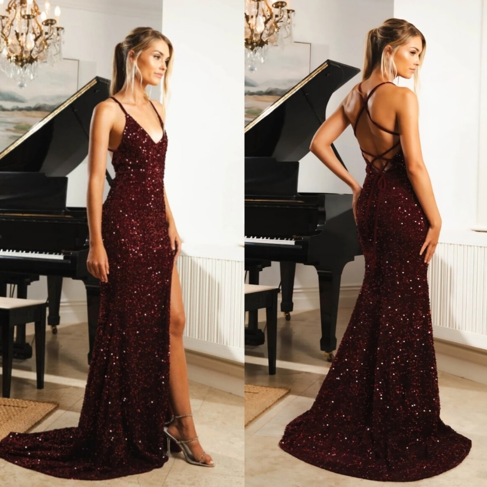 Prom Dress Elegant Burgundy Sequin Gown